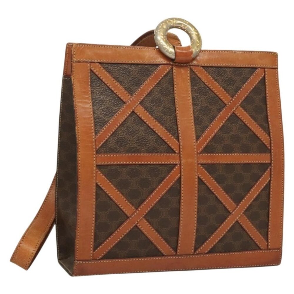 Authentic CELINE Macadam Canvas Shoulder Bag PVC Leather Brown Gold